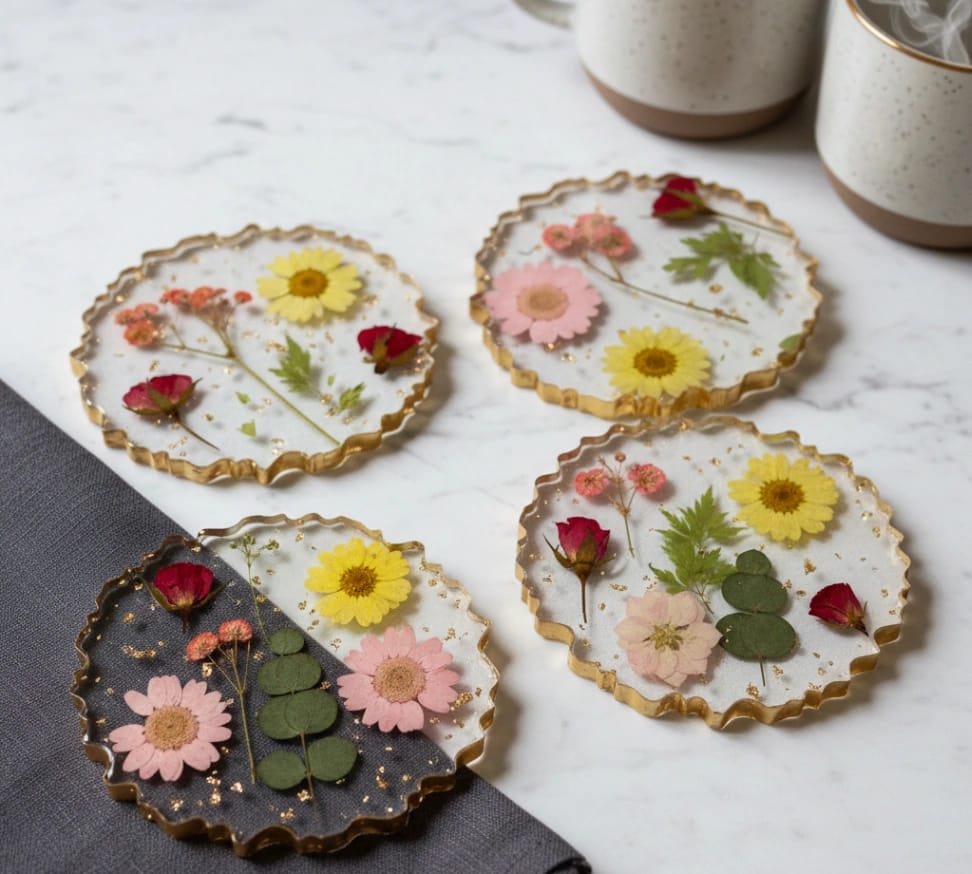 Handcrafted Real Flower Resin Coaster Set (Set of 4) - Luxury Handcrafted Resin Art | Sabhya Kala