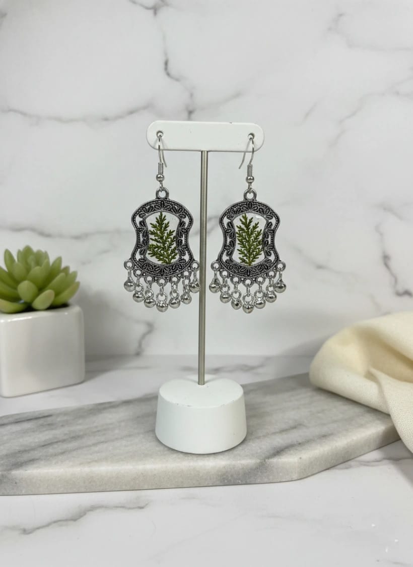 Oxidized Silver Fern Leaf Resin Earrings - Luxury Handcrafted Resin Art | Sabhya Kala