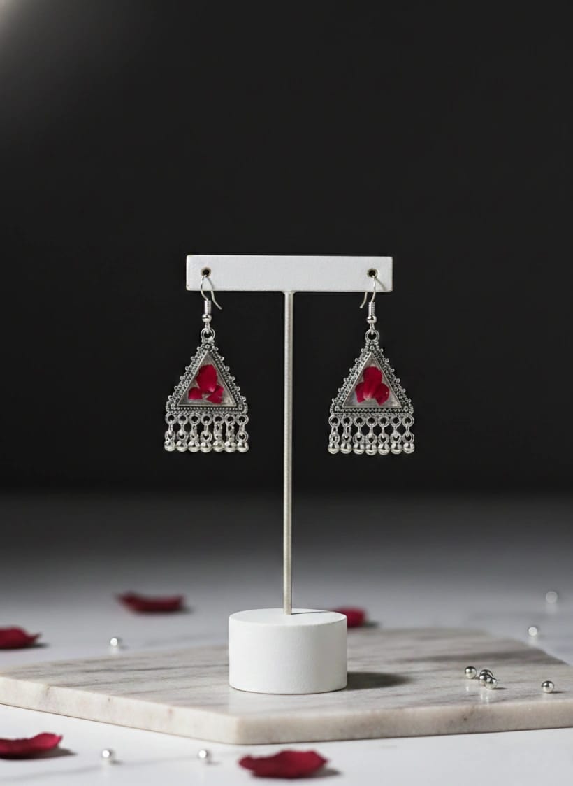 Real Red Rose Petal Oxidized Triangle Earrings - Luxury Handcrafted Resin Art | Sabhya Kala