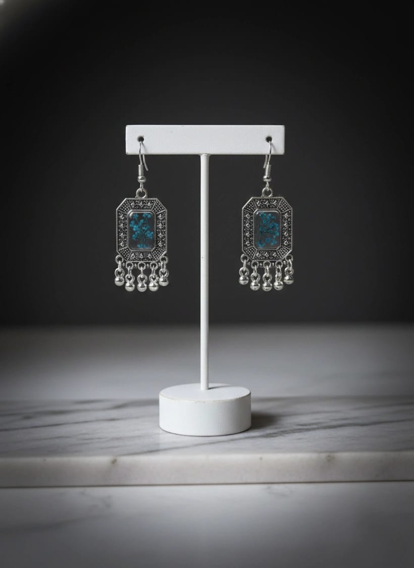 Real Blue Forget-Me-Not Oxidized Earrings - Luxury Handcrafted Resin Art | Sabhya Kala