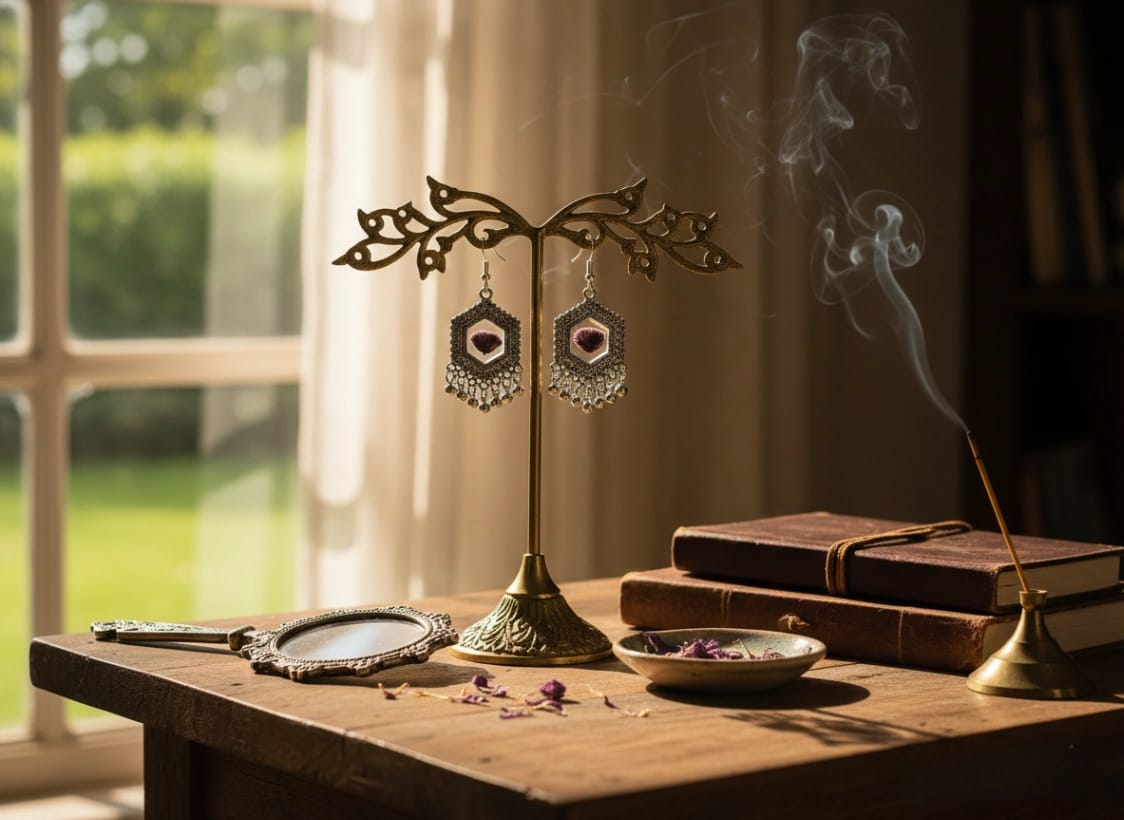 Real Purple Statice Hexagon Earrings - Luxury Handcrafted Resin Art | Sabhya Kala