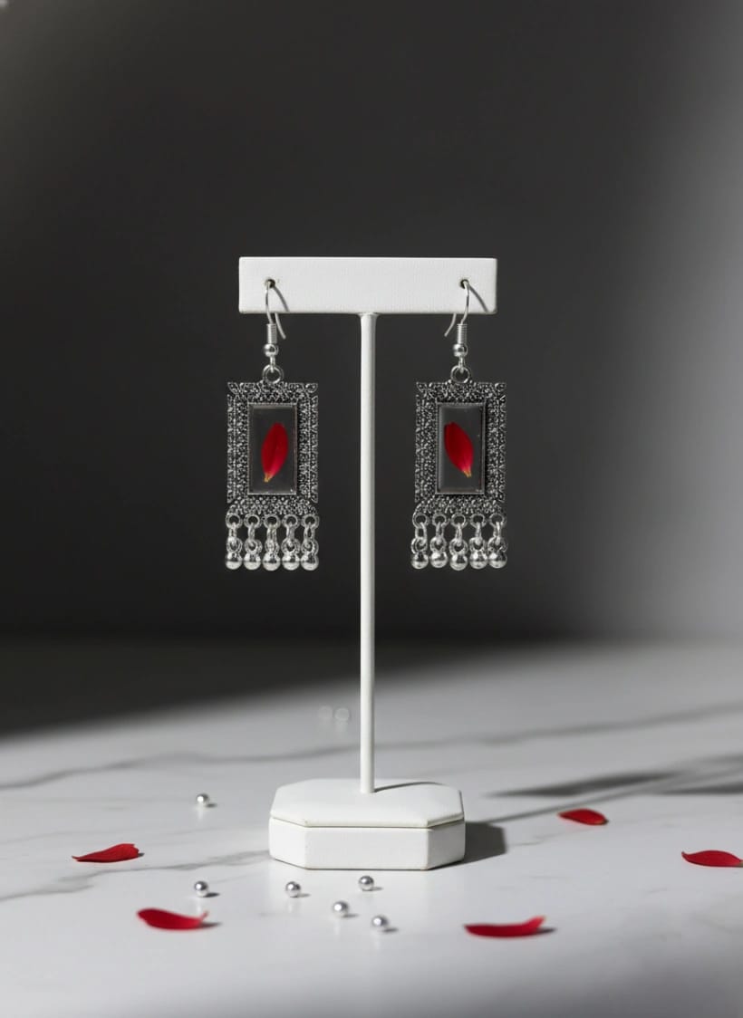 Real Red Rose Rectangular Earrings - Luxury Handcrafted Resin Art | Sabhya Kala