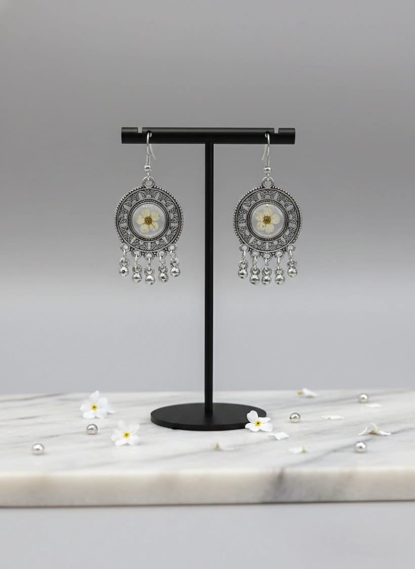 Real White Blossom Mandala Earrings - Luxury Handcrafted Resin Art | Sabhya Kala