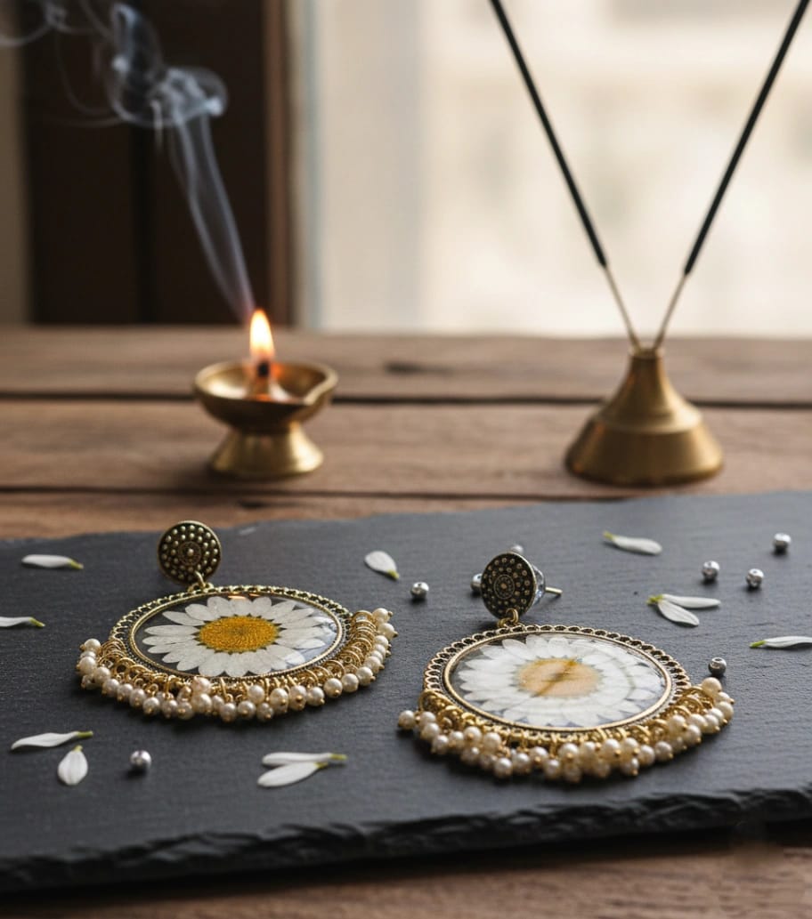 Daisy Resin Chandbali Earrings - Luxury Handcrafted Resin Art | Sabhya Kala