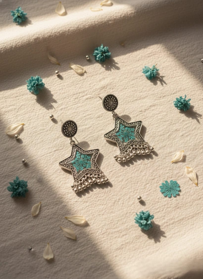 Teal Wildflower Star Oxidized Earrings - Luxury Handcrafted Resin Art | Sabhya Kala