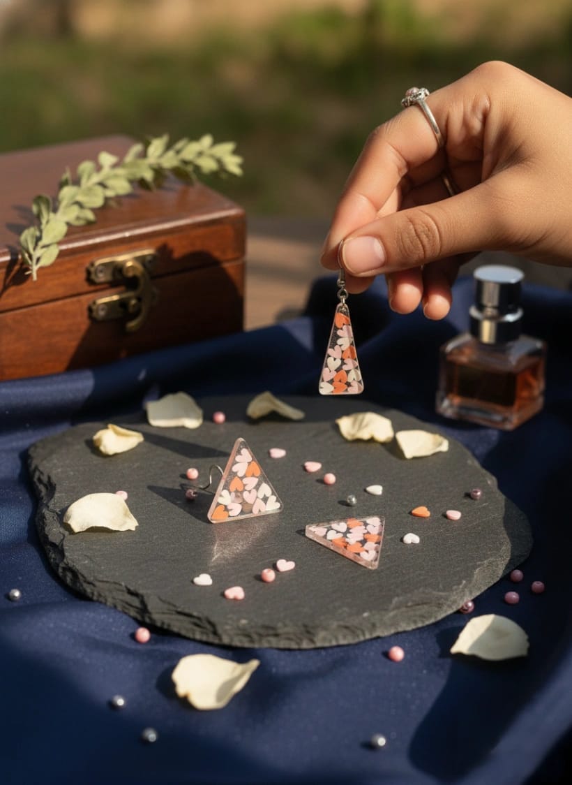 Mosaic Heart Geometric Triangle Resin Stud Earrings - Luxury Handcrafted Resin Art | Sabhya Kala