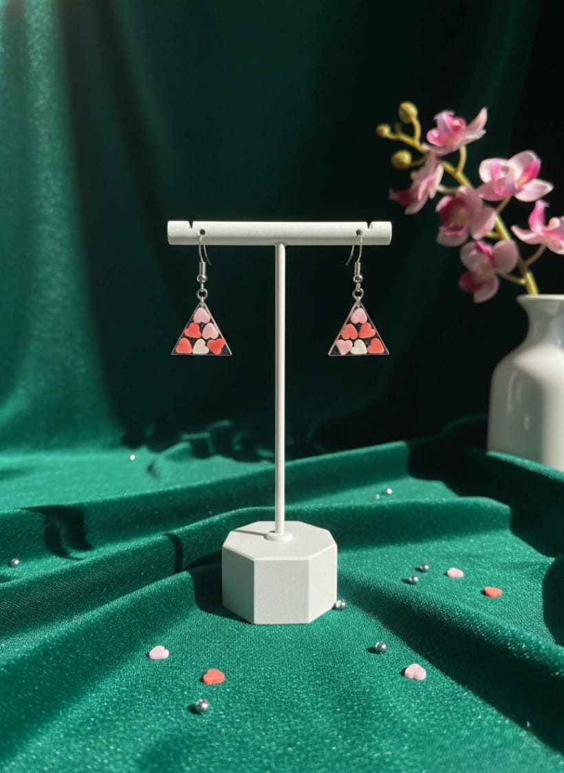 Mosaic Heart Geometric Equilateral Triangle Resin Earrings - Luxury Handcrafted Resin Art | Sabhya Kala