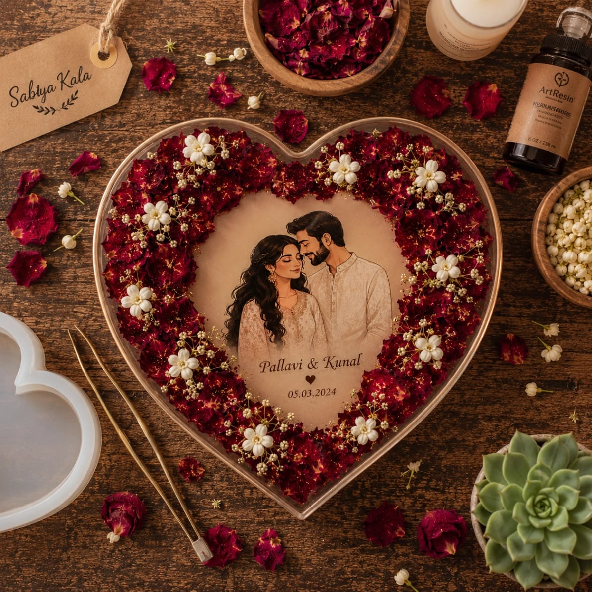 Heart-Shaped Varmala Preservation Frame - Luxury Handcrafted Resin Art | Sabhya Kala