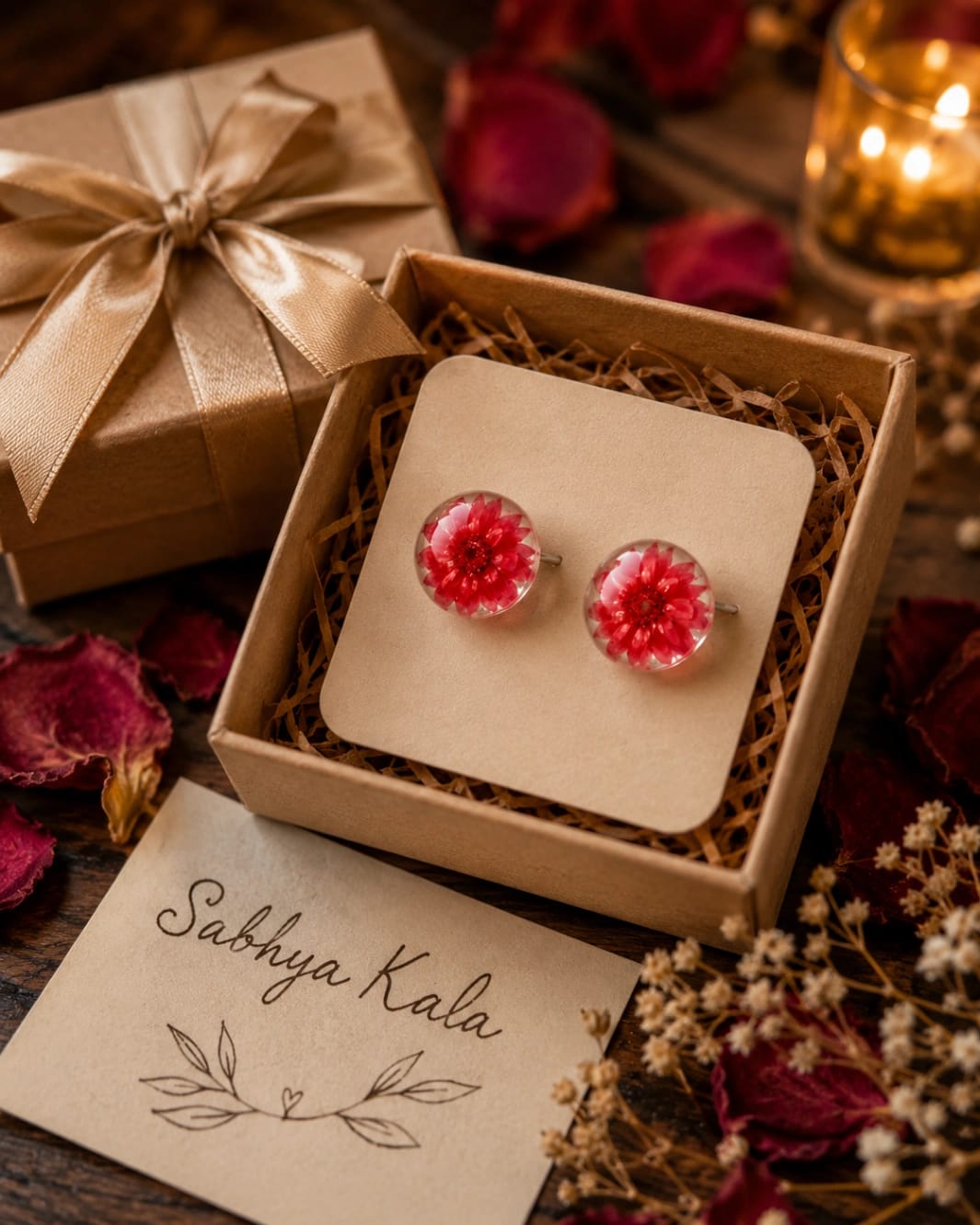 Real Red Bloom Resin Dome Stud Earrings - Luxury Handcrafted Resin Art | Sabhya Kala