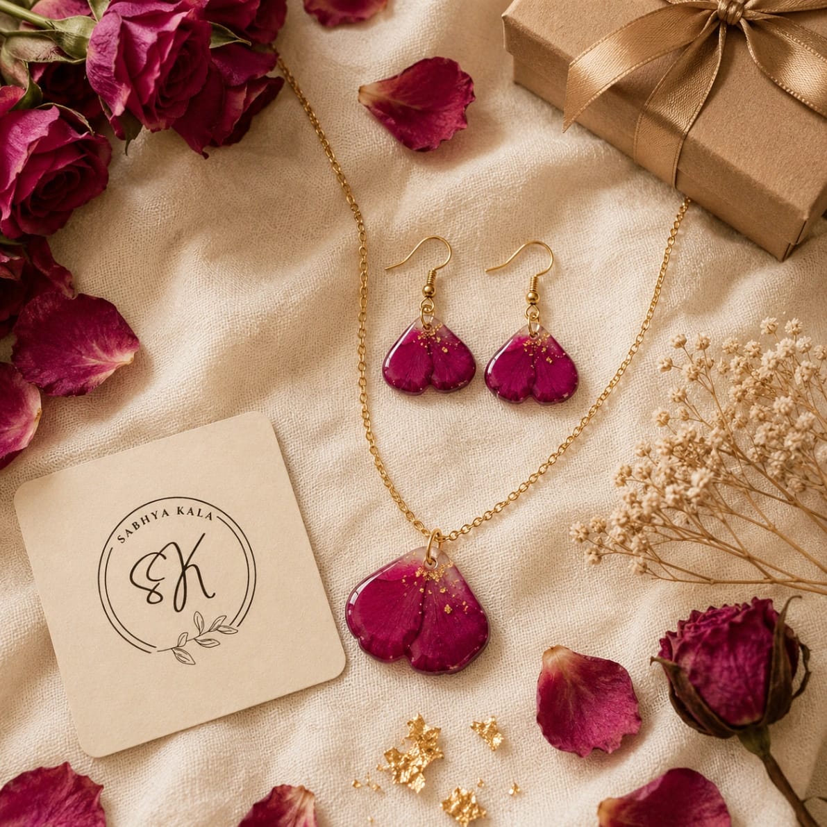 Real Rose Petal Resin Necklace & Earring Set - Luxury Handcrafted Resin Art | Sabhya Kala