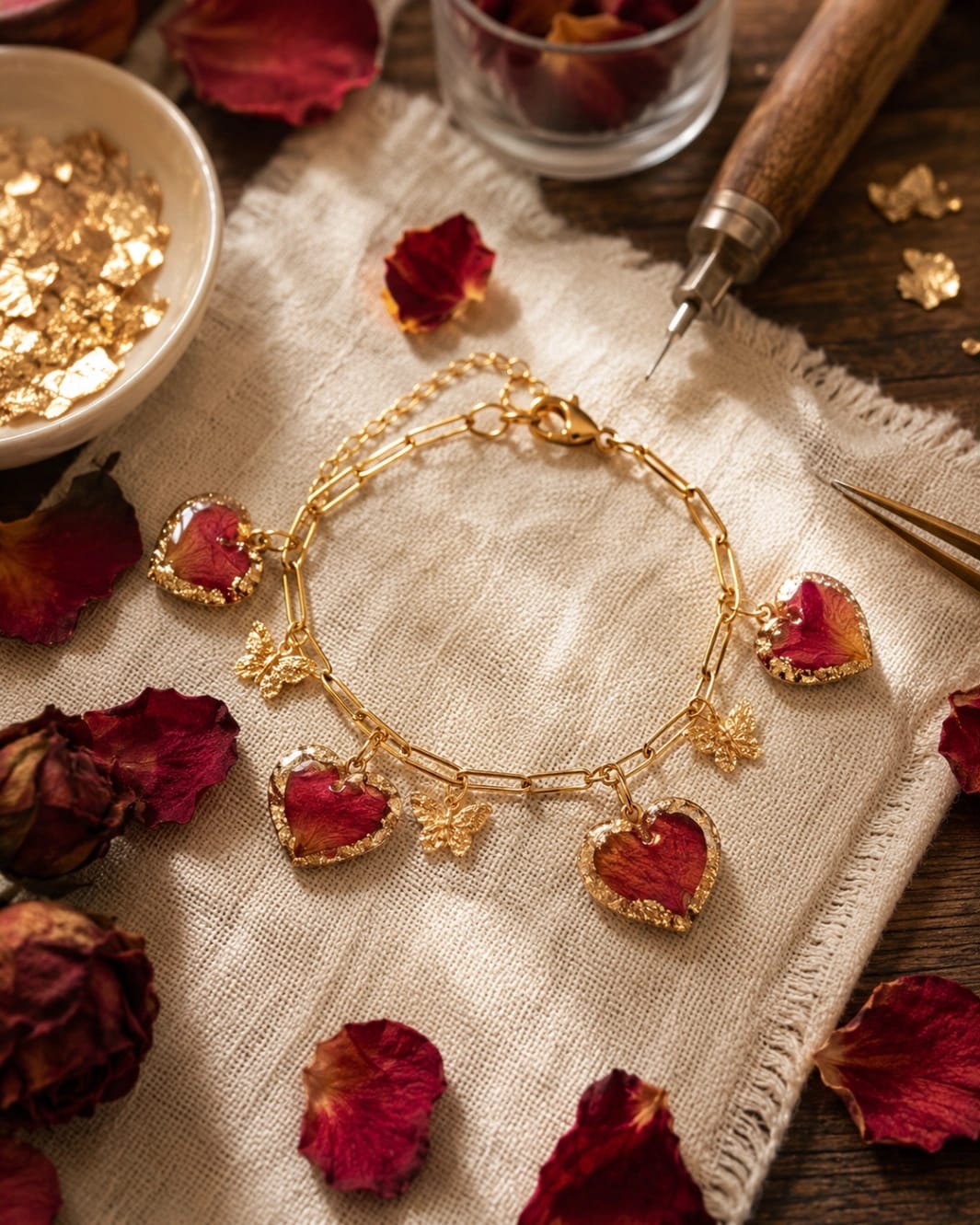 Rose Heart Charm Bracelet - Luxury Handcrafted Resin Art | Sabhya Kala