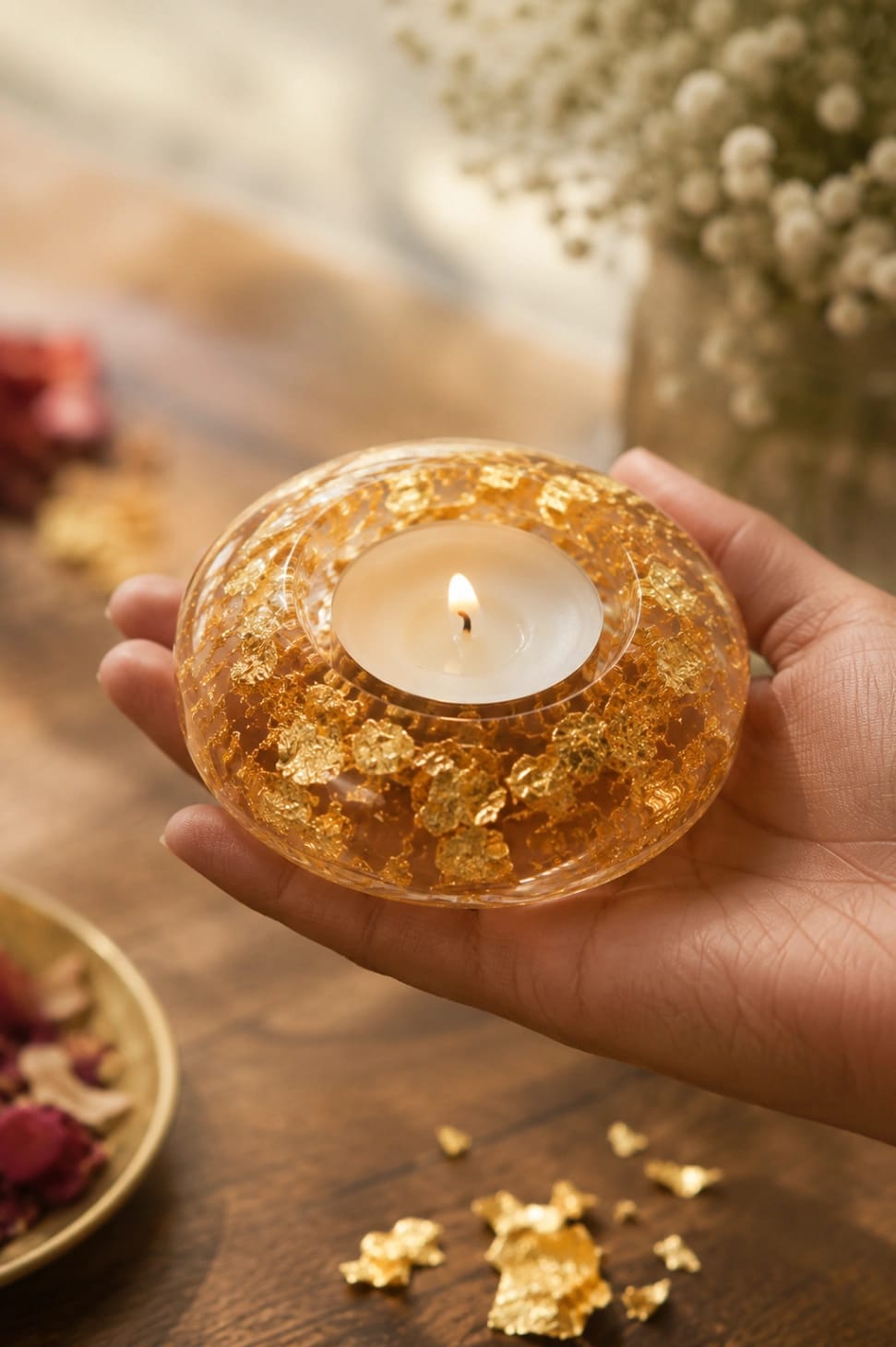 Gold Leaf Resin Tealight Holders (Set of 2) - Luxury Handcrafted Resin Art | Sabhya Kala