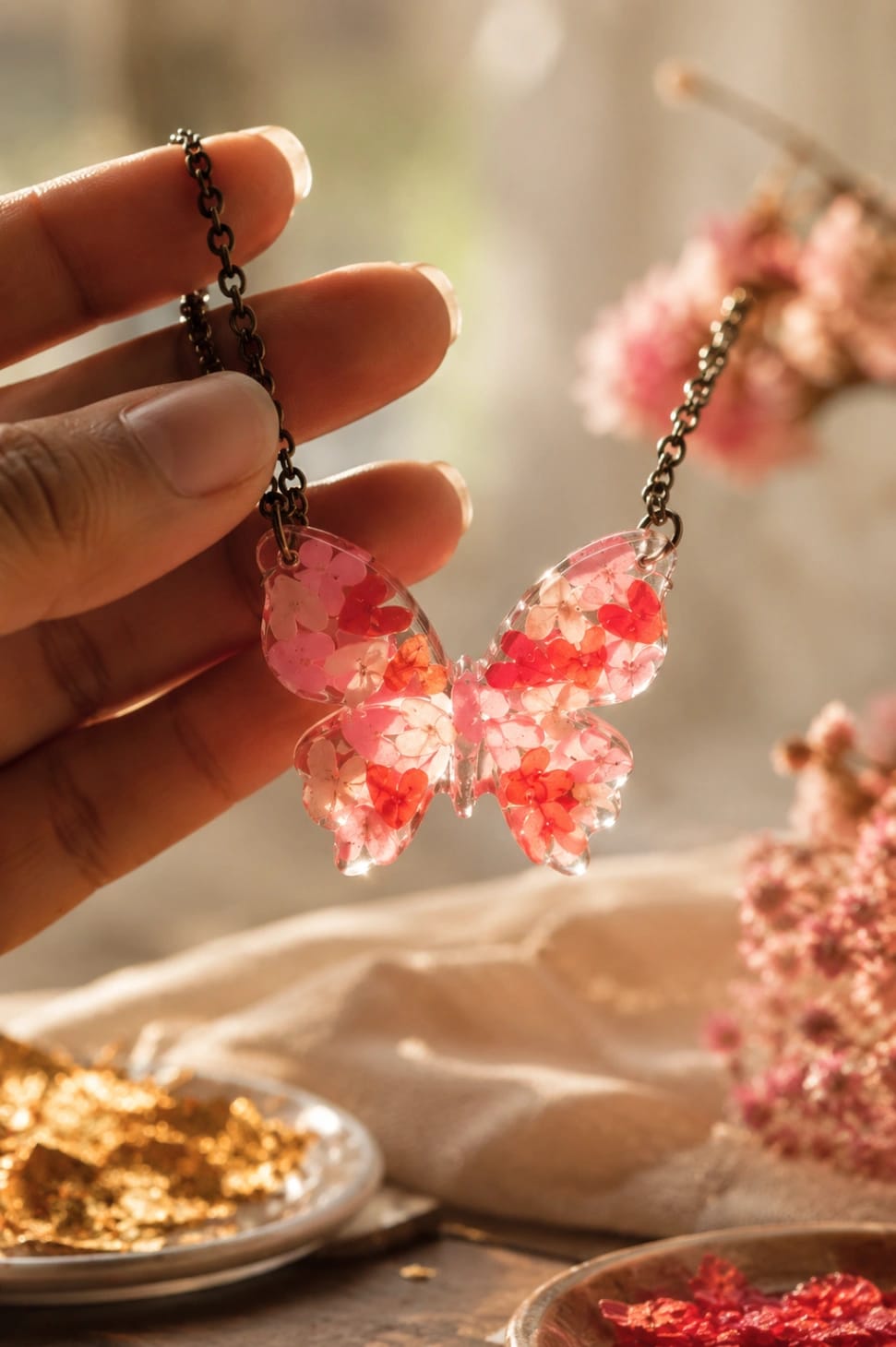 Real Flower Butterfly Resin Pendant Necklace - Luxury Handcrafted Resin Art | Sabhya Kala