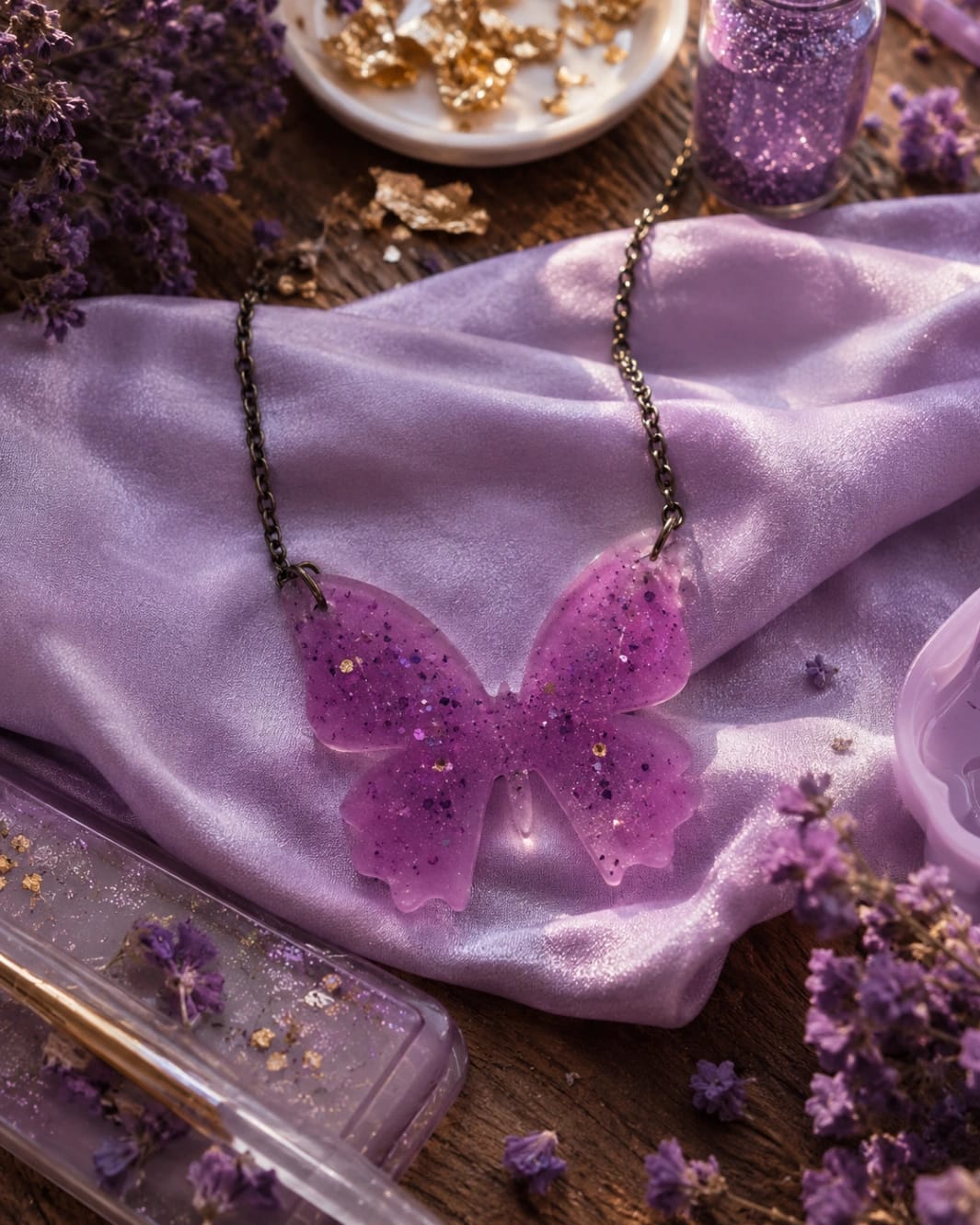 Titli Amethyst Shimmer Butterfly Resin Pendant Necklace - Luxury Handcrafted Resin Art | Sabhya Kala