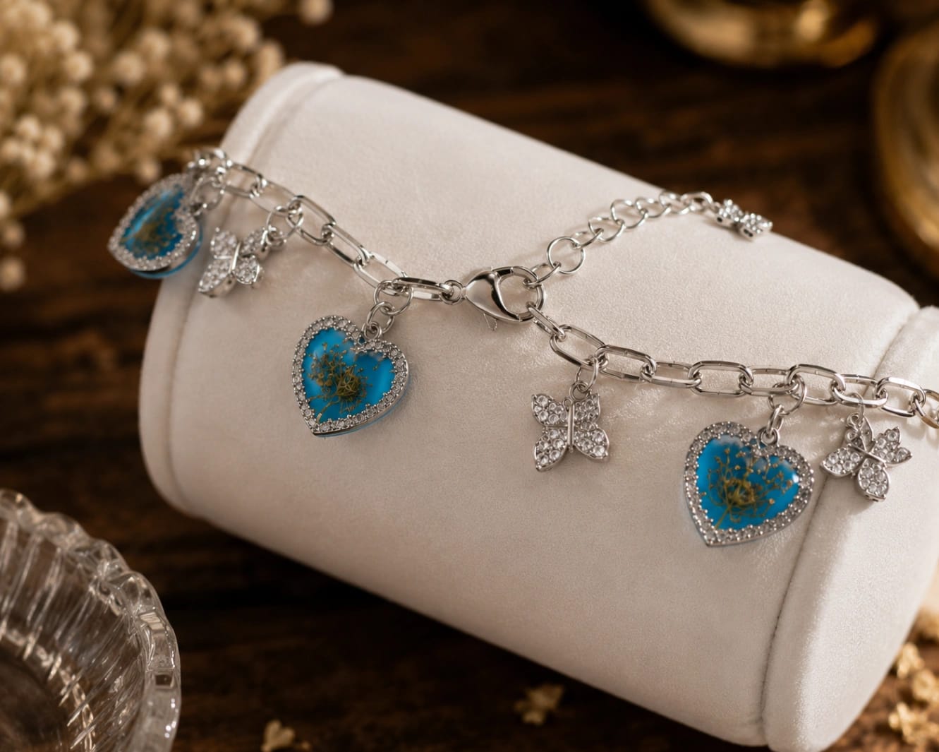 Blue Real Flower Heart & Butterfly Charm Bracelet - Luxury Handcrafted Resin Art | Sabhya Kala